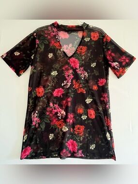 Revamped Dark Floral Mesh Sheer Cutout Choker Top